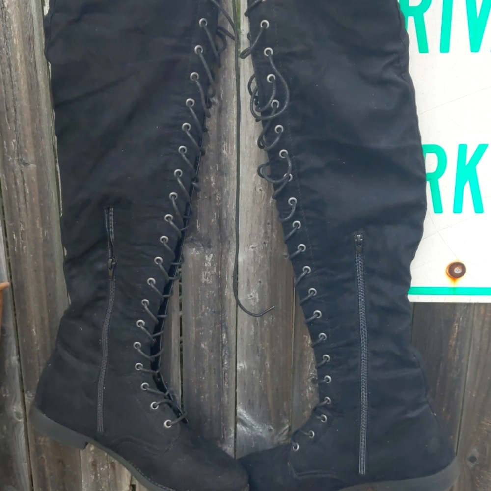 Black suede thigh high boots